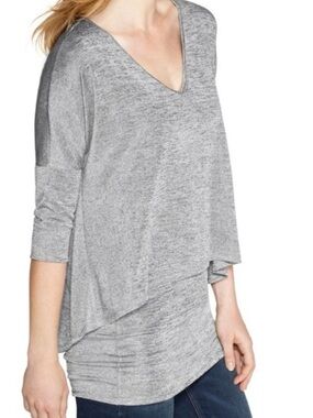 WHBM V-NECK DOUBLE LAYERED TUNIC TOP, Metallic Silver / Space Gray | Sz S
